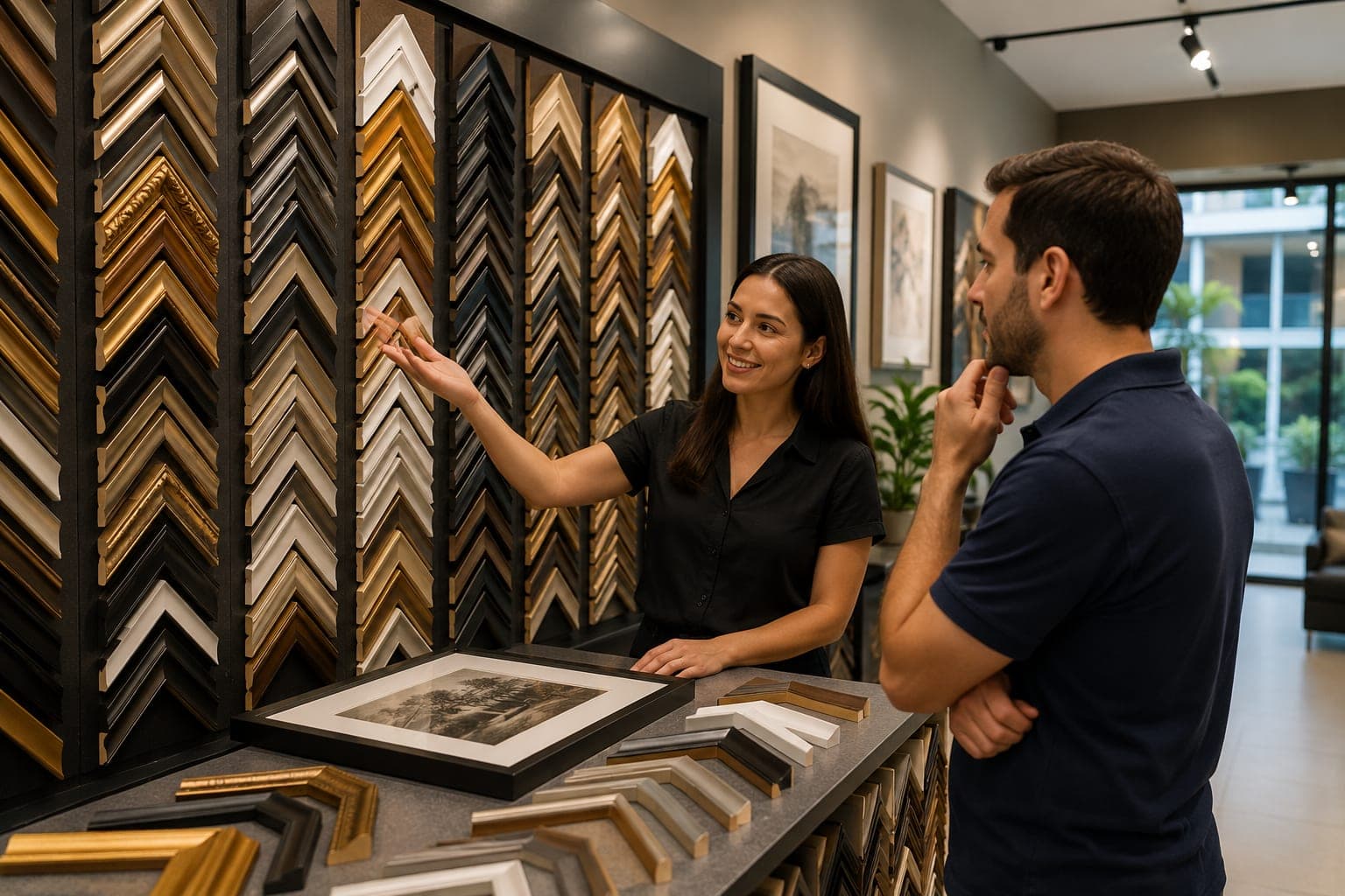 Atendimento para escolha de moldura de quadro em showroom com amostras