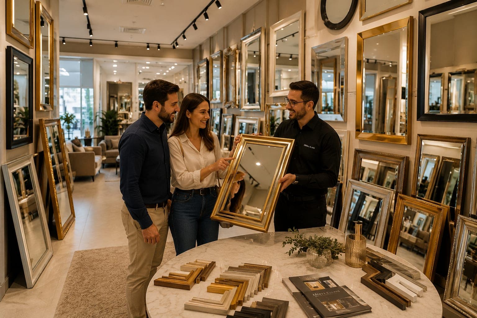 Cliente escolhendo moldura de espelho com atendimento especializado em showroom