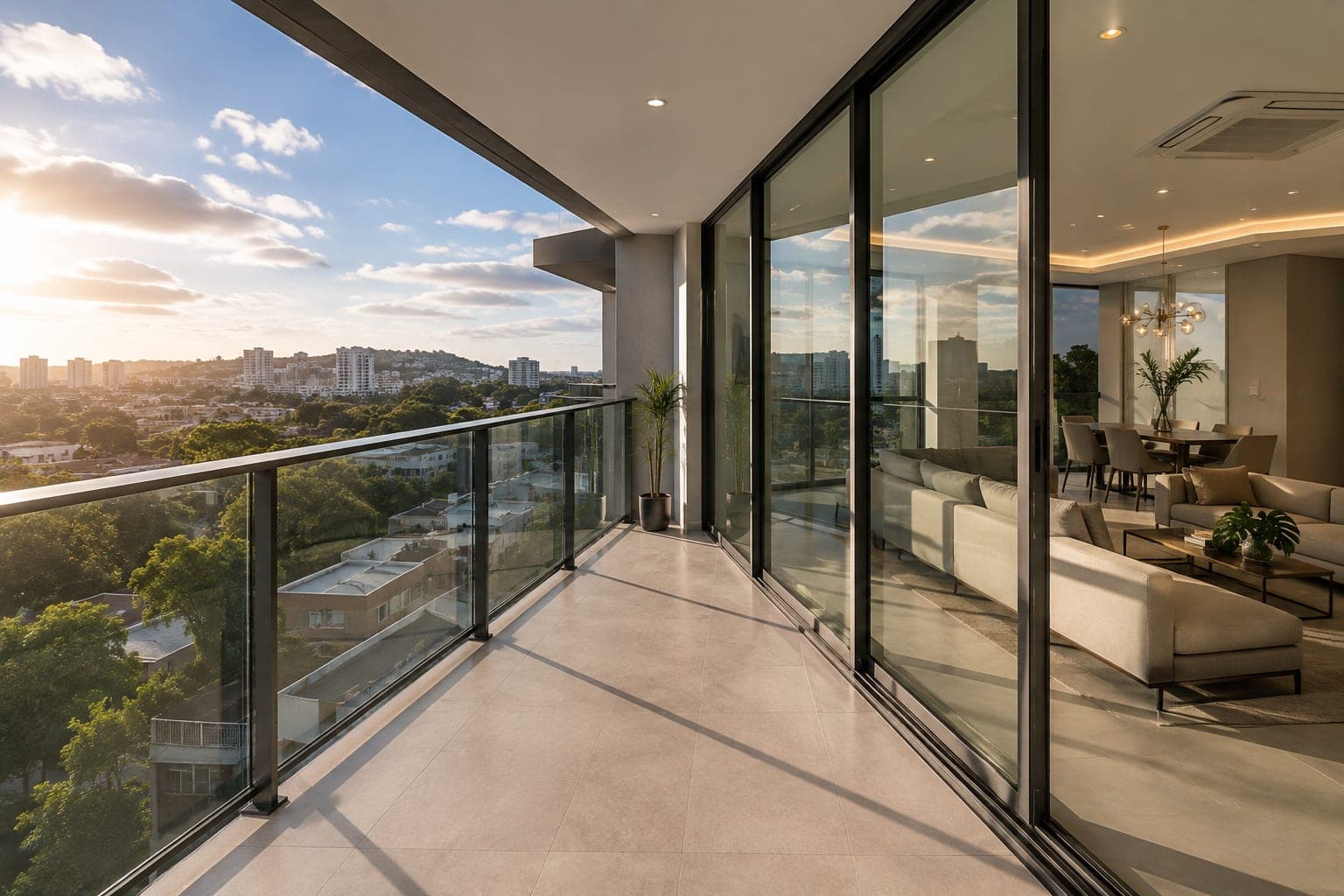 Guarda-corpo de vidro em varanda com vista para a cidade